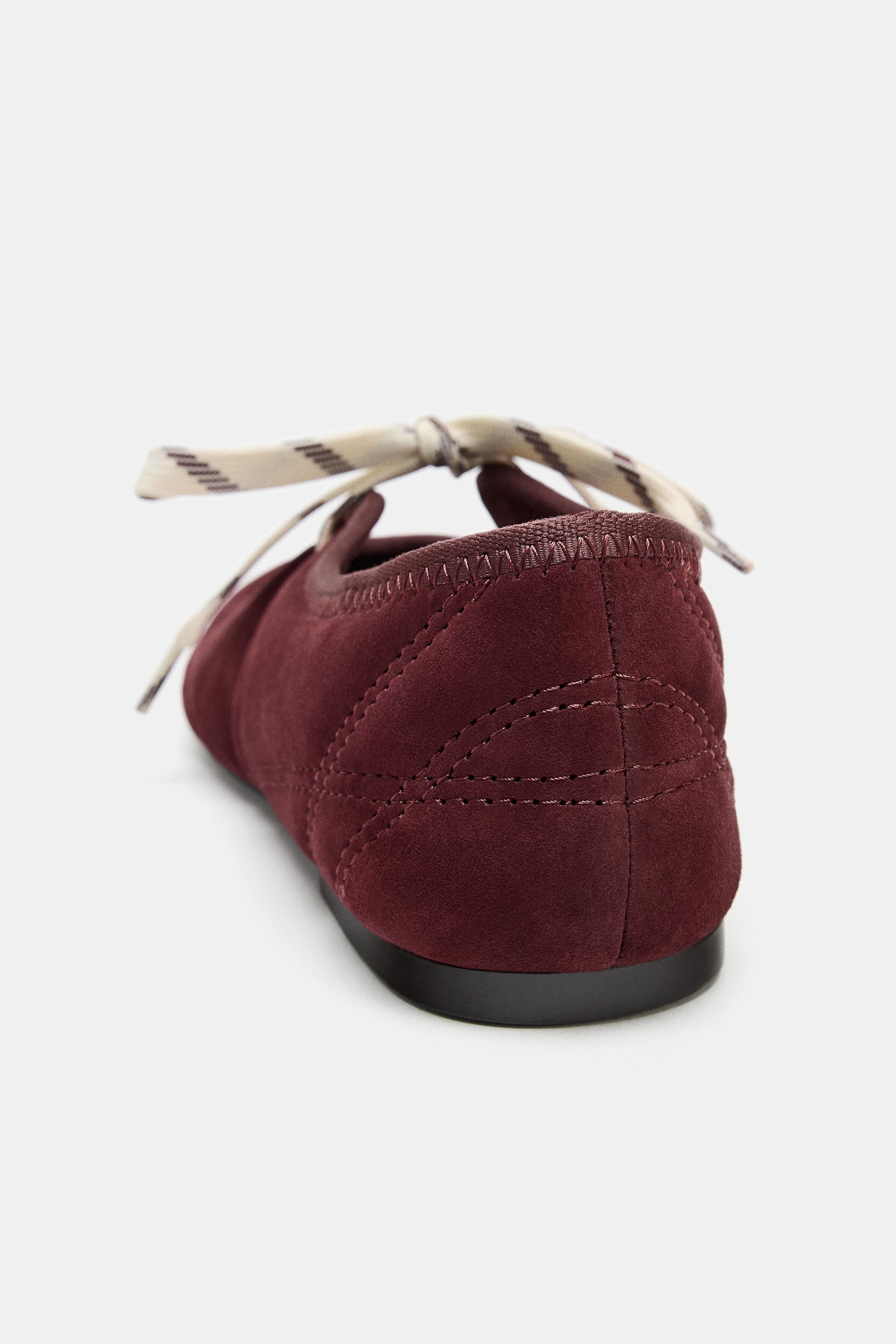 LACED SPLIT LEATHER BALLET FLATS